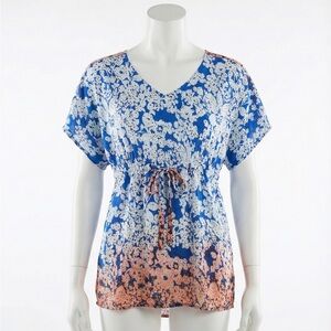 Cabi Blue Floral Drawstring Waist Blouse Top Short Sleeve V Neck Ombre Small